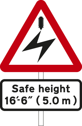 Overhead electric cable; plate indicates maximum height of vehicles which can pass safely