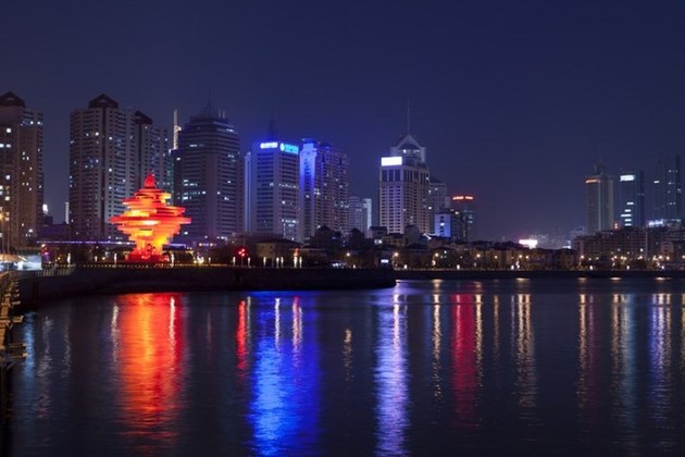 Wusi Square and May Wind Sculpture at night, Shandong Province, Qingdao, China