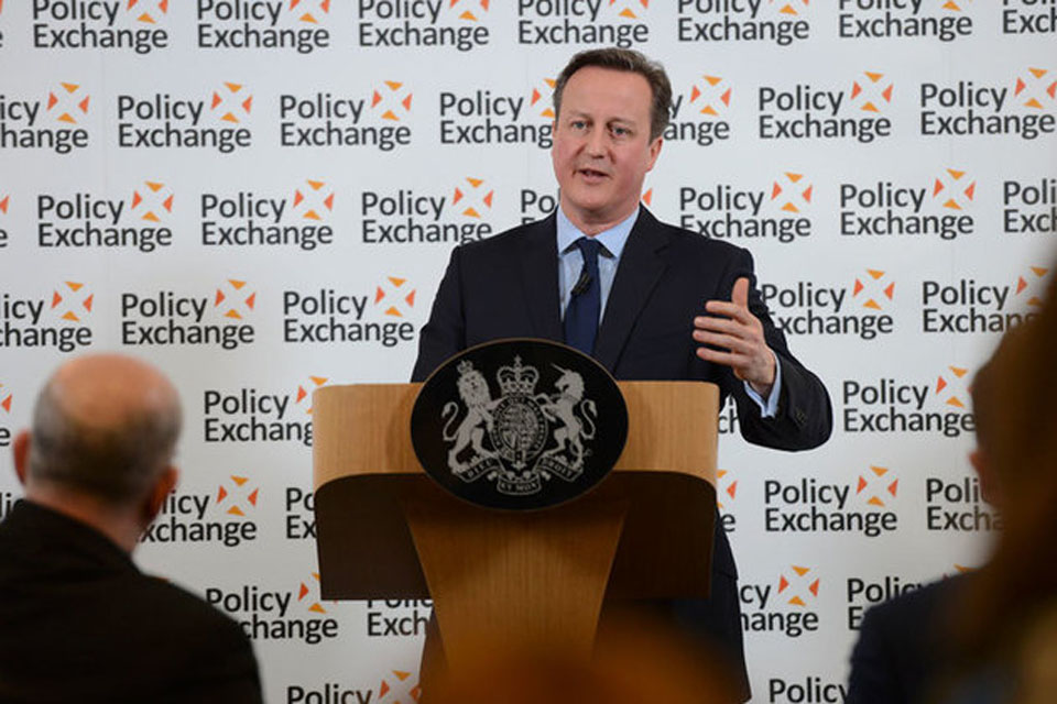 David Cameron giving a speech at the Policy Exchange