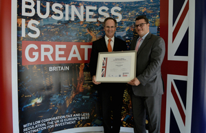 The British Ambassador Philip Parham presents the award to Founder and CEO of Novosci Dr. Nader Khedr.