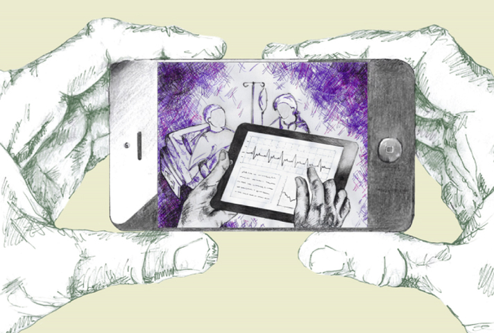 A sketched image of hands holding a smartphone showing an image of a healthcare professional looking at patients notes using an iPad