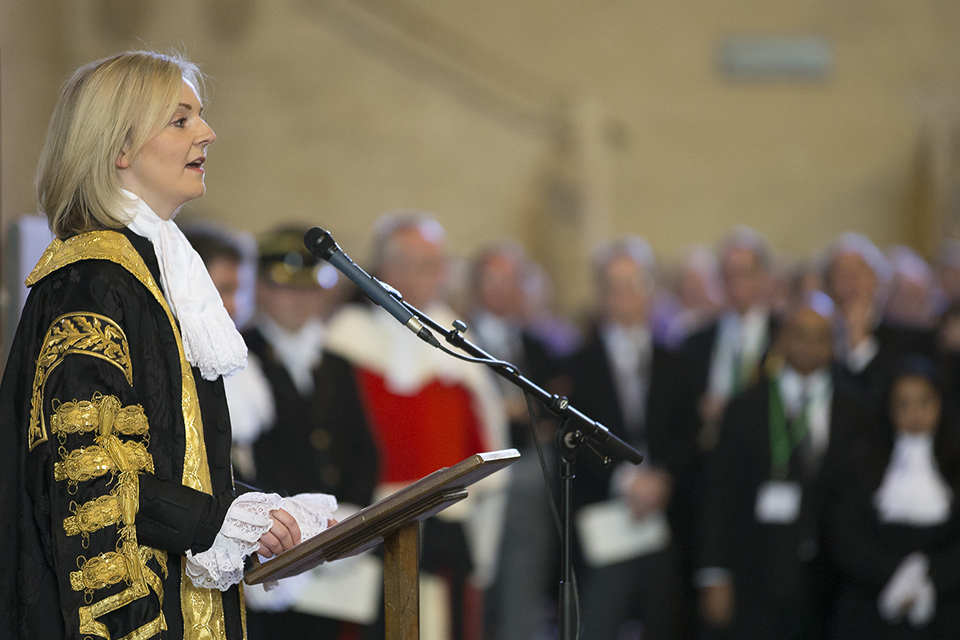 Elizabeth Truss MP delivering speech at the Lord Chancellor's breakfast