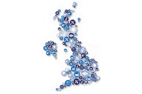 Map of the UK made of icons showing different industries.