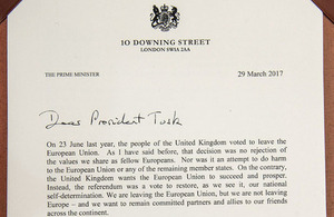 Prime Minister’s letter to Donald Tusk triggering Article 50’ within