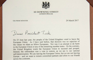 Prime Minister’s letter to Donald Tusk triggering Article 50