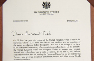 Prime Minister’s letter to Donald Tusk triggering Article 50