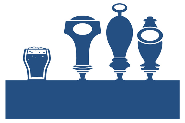 beer glass and three pumps on a bar.