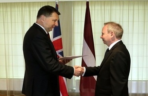 Keith Shannon presenting credentials to President of Latvia