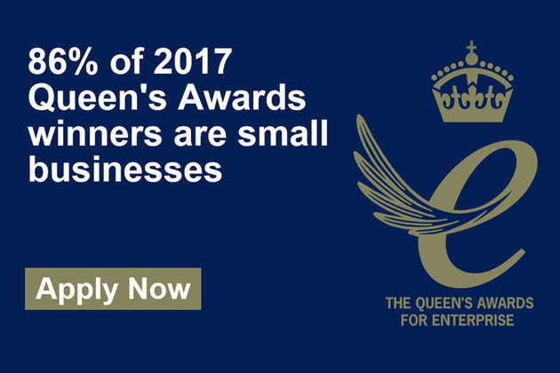 Queen's award for enterprise logo and fact that 86% of award holders are small businesses