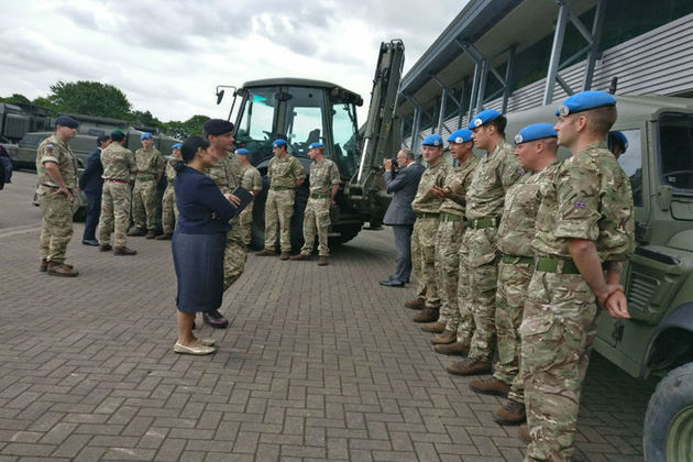 Priti Patel meets members of 32 Engineer Regiment as they prepare to deploy in support of the UN Peacekeeping mission in South Sudan.