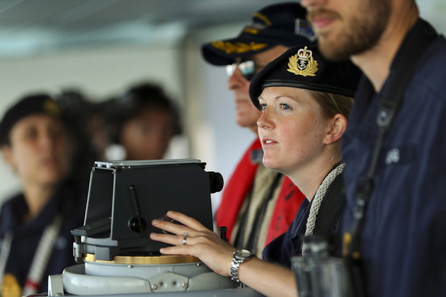 HMS Duncan's Navigating Officer, Lieutenant Jen Cory, guiding the ship into the port of Odessa.