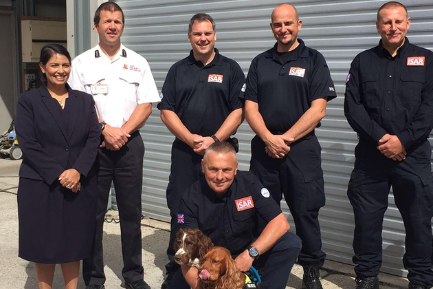 Priti Patel with members of the UK’s International Search and Rescue (ISAR) team at Essex Fire and Rescue Service in Colchester. Picture: Stephanie Mann/DFID