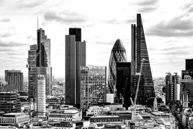 CIty of London skyline in black and white