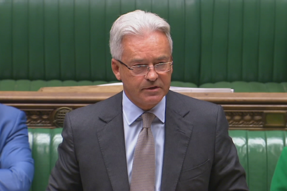 Sir Alan Duncan giving a statement on Hurricane Irma