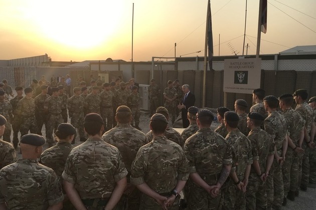 Defence Secretary, Sir Michael Fallon, addresses troops in Erbil. Crown copyright.