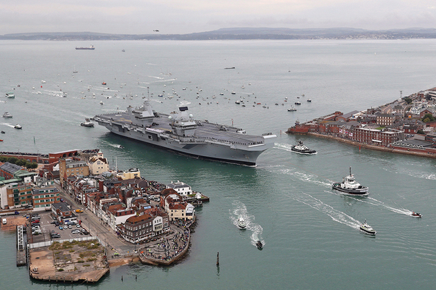 Britain's future flagship HMS Queen Elizabeth as she sailed into her home port of Portsmouth for the first time. Crown copyright.