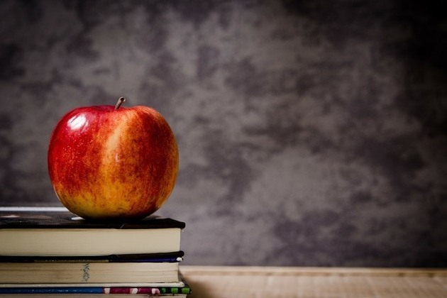 An apple sitting on a small pile of books with a blackboard in the background.