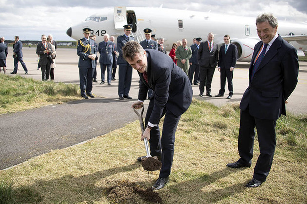 ‘Defence Secretary Gavin Williamson cut the first turf on a £132m facility for the UK’s new fleet of submarine hunting Poseidon Maritime Patrol Aircraft (MPA) at RAF Lossiemouth today. Crown copyright.’