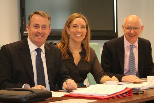Picture of Dr Liam Fox, Antonia Romeo, and John Mahon.