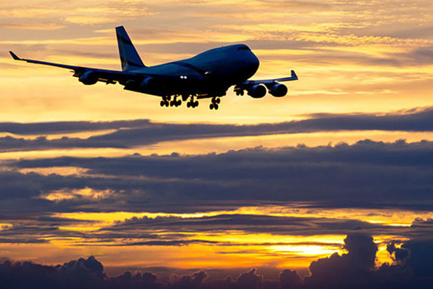 Passenger airplane landing at sunset.