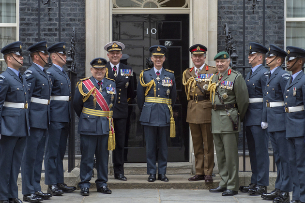 Chief and Vice-Chief of Defence Staff and three Service Chiefs on the steps of 10 Downing Street. Crown copyright.