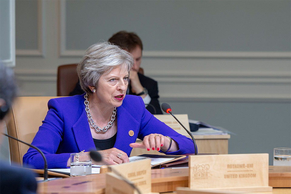 Prime Minister Theresa May speaking at the G7 summit in Canada