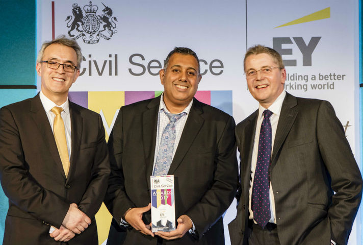 Award winner and presenters on stage at Civil Service Awards 2017