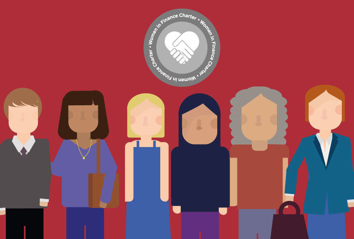 Graphic: Women on a red background with the Women in Finance logo featured in the background.