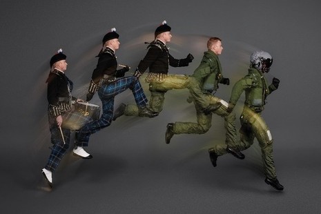 Royal Air Force Pilot transforms from a highland drummer into a Typhoon pilot. Image credit: The Royal Edinburgh Military Tattoo