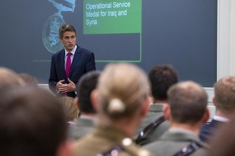 Defence Secretary Gavin Williamson addresses recipients of the Op Shader Medal