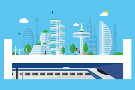 Illustration of a future city with HS2 train arriving
