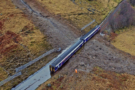 Aerial image of the landslip and derailed train