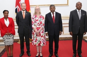 (From left to right) Political and Media officer Tassia Kissama, DHM Matthew Shouler, HMA Jessica Hand Acreditation ceremony, Angolan President João Lourenço and Angolan MFA, Manuel Augusto