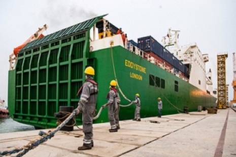 UK’s Eddystone 'RoRo' ship is secured by Omani dockworkers in Duqm Port, Oman.