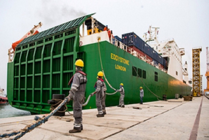 UK’s Eddystone 'RoRo' ship is secured by Omani dockworkers in Duqm Port, Oman.