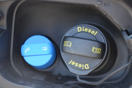 Image of a diesel fuel cap and AdBlue cap on a lorry
