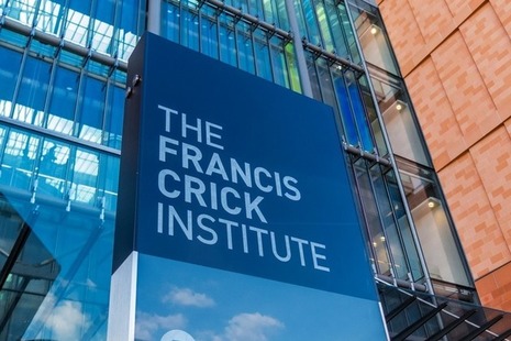 The sign and entrance to The Francis Crick Institute