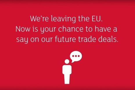 Infographic with the words We're leaving the EU. Now is your chance to have a say on our future trade deals.