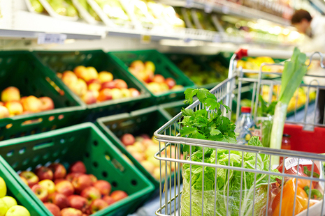 shopping trolley with food in a supermarket.