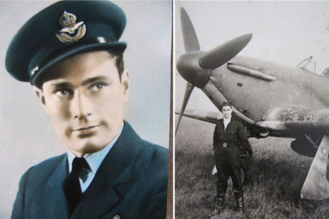 left Flying Officer David Stein, right Flying Officer David Stein standing in front of a plane, Copyright Stein/Taylor family, all rights reserved