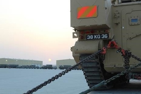 Armoured and non-armoured vehicles at the UK Joint Logistics Support Base in Duqm, Oman. MOD Crown Copyright.