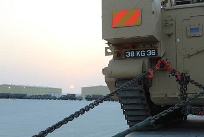 Armoured and non-armoured vehicles at the UK Joint Logistics Support Base in Duqm, Oman. MOD Crown Copyright.