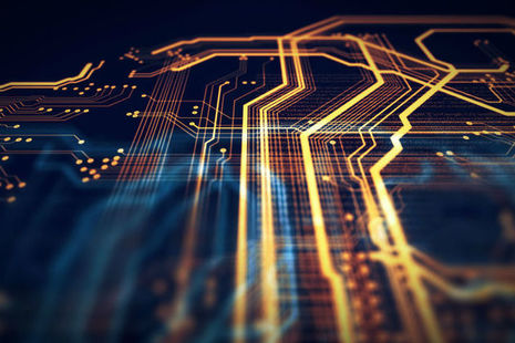 orange andgreen-technology-background-circuit-board-and-html-code-d-illustration
