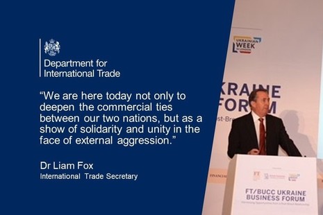 A quote card with a photo of Liam Fox addressing the businesses along with a DIT logo and a quote