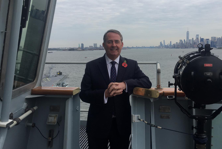 Dr Liam Fox on board the HMS Queen Elizabeth in New York City