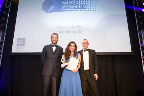 The ‘Young Industrialist Award’ went to Sellafield Ltd employee, Rojiar Ferschy (seen here with comedian Alun Cochrane and a representative from award sponsor, BakerHicks.)