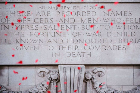 Poppies falling at the Thiepval War Memorial