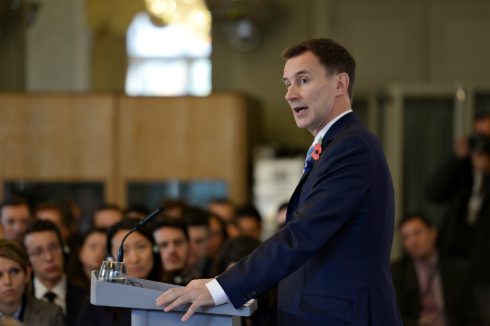 Landscape of Jeremy Hunt doing a speech