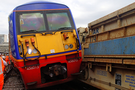 Passenger train and wagons after the collision at London Waterloo