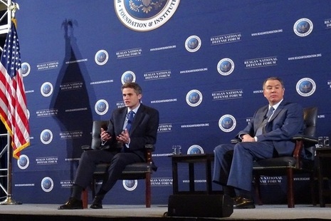 Defence Secretary Gavin Williamson speaking at the Reagan National Defense Forum, in California.